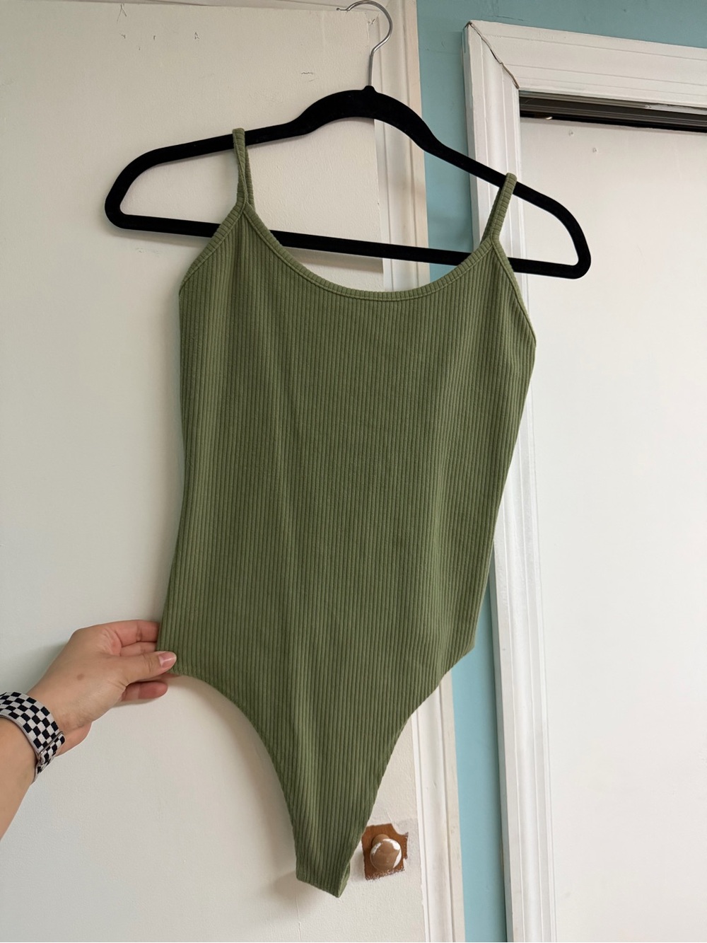 Ribbed Olive Green Spaghetti Strap Bodysuit